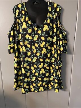 Allegrace Blouse Top Black Yellow Lemons Cold Shoulder 4X Whimsical Casual Boho